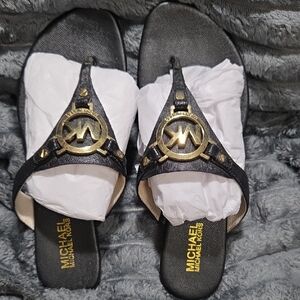Michael Kors Black Sandals with Gold Logo
